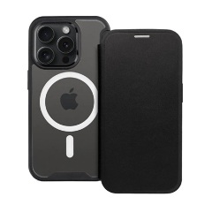 iPhone 15 Plus Gigapack Tok álló, bőr hatású FLIP, MagSafe, FEKETE
