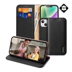iPhone 15 DUX DUCIS HIVO tok álló, valódi bőr FLIP, RFID, FEKETE
