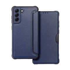 Samsung S21 FE Gigapack tok álló, bőr hatású FLIP, karbon minta, SÖTÉTKÉK