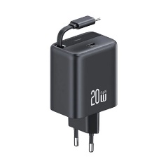 USAMS YC hálózati töltő Type-C aljzat 20W, csévélhető Type-C kábel, FEKETE