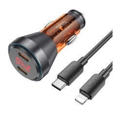 HOCO autós töltő 2 Type-C aljzat 60W, LED kijelző + lightning kábel, NARANCSSÁRGA