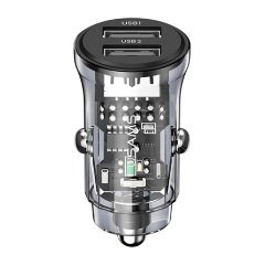 USAMS C31 autós töltő 2 USB aljzat 15W, PD gyorstöltő, FEKETE
