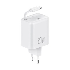 USAMS YC hálózati töltő Type-C aljzat 20W, csévélhető Type-C kábel, FEHÉR