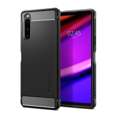 Sony Xperia 10 V SPIGEN RUGGED ARMOR szilikon telefonvédő ütésállóság, karbon minta, FEKETE