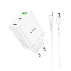 HOCO N33 hálózati töltő USB+2 Type-C aljzat 35W, PD gyorstöltő 3.0 + lightning kábel, FEHÉR
