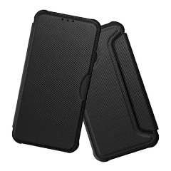 iPhone 14 Pro Max Gigapack tok álló, bőr hatású FLIP, karbon minta, FEKETE