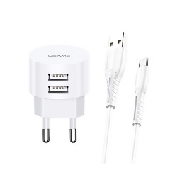 USAMS T20 hálózati töltő 2 USB aljzat 10W, gyorstöltő + Type-C kábel, FEHÉR