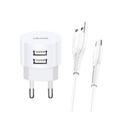 USAMS T20 hálózati töltő 2 USB aljzat 10W, gyorstöltő + microUSB kábel, FEHÉR