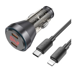 HOCO autós töltő 2 Type-C aljzat 60W, LED kijelző + lightning kábel, FEKETE