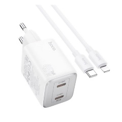 HOCO N42 hálózati töltő 2 Type-C aljzat 45W, PD gyorstöltő 3.0 + lightning kábel, FEHÉR