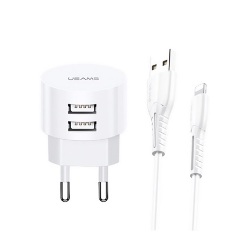 USAMS T20 hálózati töltő 2 USB aljzat 10W, gyorstöltő + lightning kábel, FEHÉR
