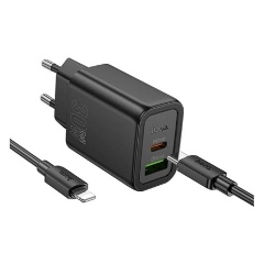 HOCO N63 hálózati töltő USB+Type-C aljzat 30W, PD gyorstöltő 3.0 + lightning kábel, FEKETE