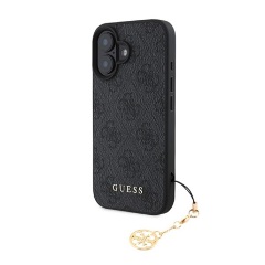 iPhone 16 GUESS 4G CHARMS műanyag telefonvédő textil hátlap, telefondísz, SÖTÉTSZÜRKE