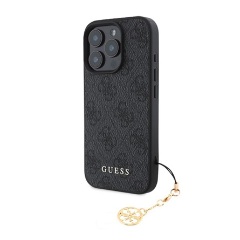 iPhone 16 Pro GUESS 4G CHARMS műanyag telefonvédő textil hátlap, telefondísz, SÖTÉTSZÜRKE