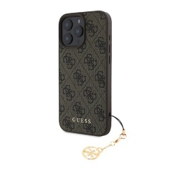 iPhone 16 Pro Max GUESS 4G CHARMS műanyag telefonvédő textil hátlap, telefondísz, BARNA