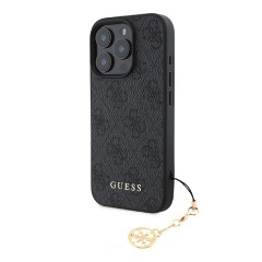 iPhone 16 Pro Max GUESS 4G CHARMS műanyag telefonvédő textil hátlap, telefondísz, SÖTÉTSZÜRKE