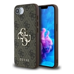 iPhone 16e GUESS PU 4G METAL LOGO CASE műanyag telefonvédő ütésállóság, bőr hatású hátlap, BARNA