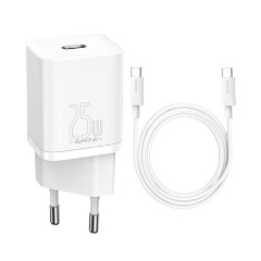 BASEUS hálózati töltő Type-C aljzat 25W, PD gyorstöltő + Type-C kábel, FEHÉR