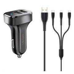 Usams King TU C13 10W univerzális autós töltő adapter fekete (Lightning/microUSB/USB-C kábel)