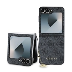 Samsung Z Flip6 GUESS 4G CHARMS műanyag telefonvédő textil hátlap, telefondísz, SÖTÉTSZÜRKE