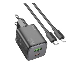 HOCO N41 hálózati töltő USB+Type-C aljzat 20W, PD gyorstöltő 3.0 + lightning kábel, FEKETE