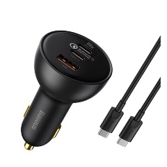 BASEUS QUALCOMM autós töltő USB+2 Type-C aljzat 100W, PD gyorstöltő 5.0 + Type-C kábel, FEKETE