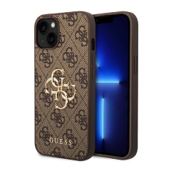 iPhone 15 Plus GUESS 4G BIG METAL LOGO műanyag telefonvédő ütésállóság, bőr hatású hátlap, BARNA