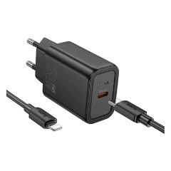 HOCO N62 hálózati töltő Type-C aljzat 30W, PD gyorstöltő 3.0 + lightning kábel, FEKETE